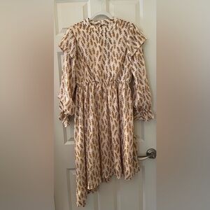 Mikarose Joey Midi Dress Cream Golden Leaf Print Asymmetrical Hem Lined Medium